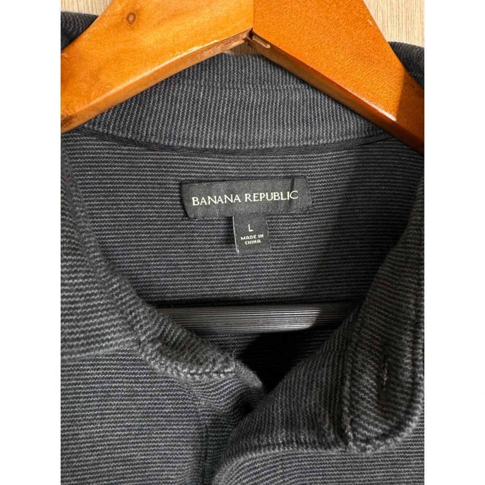 Banana Republic Mens Fitted Polo Shirt Navy Blue Grey Mini Stripe Short Sleeve L